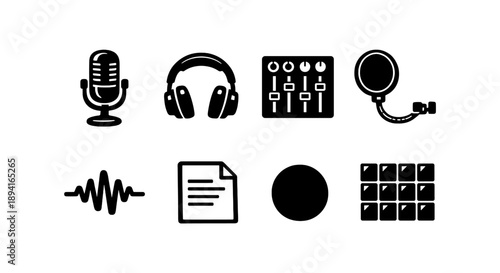 Audio equipment icons: microphone, headphones, mixer, pop filter, waveform, document, record, pads