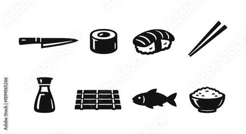 Japanese cuisine icons: sushi, soy sauce, chopsticks, fish, rice, knife