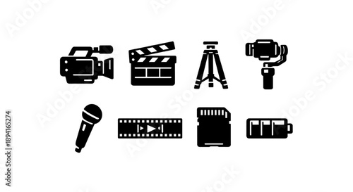 Set of video production icons: camera, clapperboard, tripod, gimbal, microphone, film strip, sd card, battery