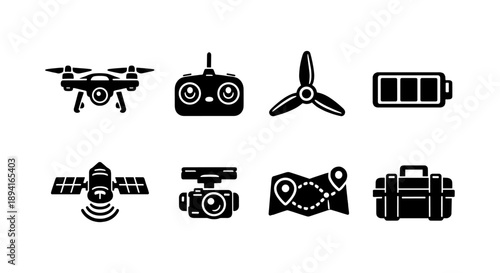 Drone equipment icons: drone, remote, propeller, battery, satellite, camera, map, case