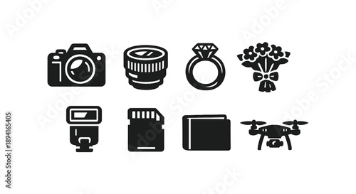 Photography and wedding icons: camera, lens, ring, flowers, flash, memory card, album, drone
