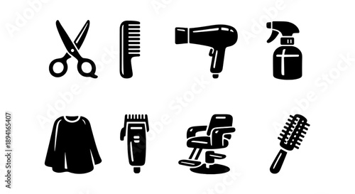 Set of hairdressing tools icons: scissors, comb, hairdryer, spray bottle, cape, clippers, barber chair, brush