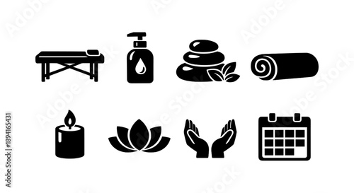 Spa icons: massage table, oils, stones, candle, lotus, hands, calendar