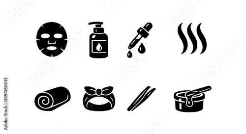 Skincare icons: face mask, serum, steaming, towel, headband, tweezers, wax kit