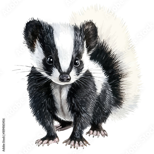 Pet Skunk, playful watercolor vector painting with subtle shadowing and soft gradients, isolated on a white background.