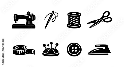 Sewing equipment icons: machine, needle, thread, scissors, tape, pin cushion, button, iron