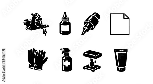 Tattoo kit icons: machine, ink, needle, paper, gloves, sanitizer, stool, cream