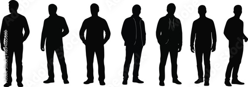 Collection of diverse male silhouettes in casual attire standing in various relaxed poses side by side