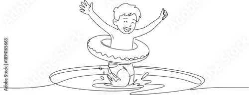 Single continuous line drawing of young happy boy playing with floating ring in gym swimming pool center. Summer holidays and vacation concept. one line Icon drawing