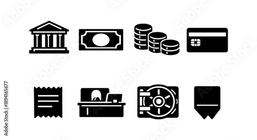Banking and finance icons: bank, money, coins, credit card, vault