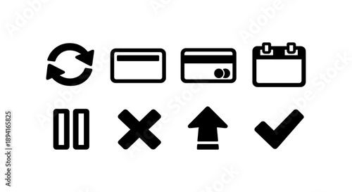 Universal user interface icons: refresh, credit cards, calendar, pause, close, upload, checkmark