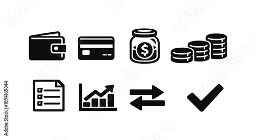 Wallet, credit card, money jar, coins and business icons for finance concept