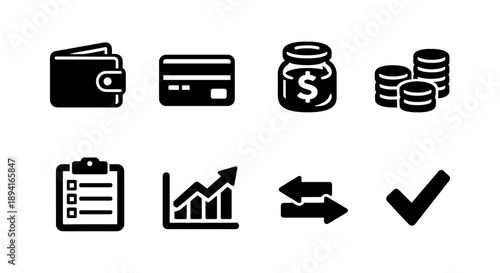 Financial icons set: wallet, card, currency, growth chart, exchange, checklist, checkmark