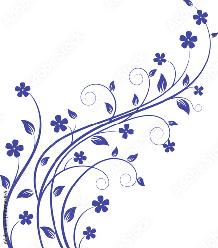 Delicate blue floral vine with swirling tendrils and small blossoms isolated on transparent background