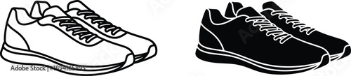 Outline and Black Silhouette of Sneakers on White shoe footwear
