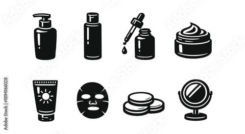 Set of black cosmetic icons: cleanser, toner, serum, cream, sunscreen, face mask, cotton pads, mirror