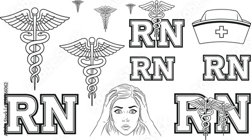 RN symbols caduceus nurse cap distressed woman and RN lettering line art collection Keywords: RN, registered nurse, caduceus