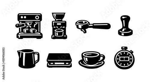 Essential barista tools: coffee machine, grinder, tamper, portafilter, scale, cup, stopwatch, frothing pitcher