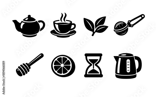 Tea icons: teapot, cup, leaves, infuser, honey, citrus, sand timer, kettle