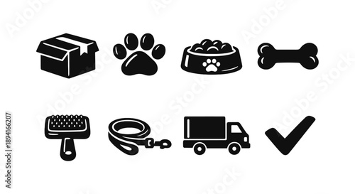 Pet care icons: supplies, transportation, feed, and grooming essentials