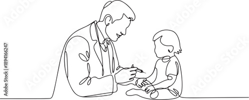 Single continuous line drawing of young male pediatric doctor giving injection to toddler girl patient at hospital. Medical health care treatment concept. one line Icon drawing
