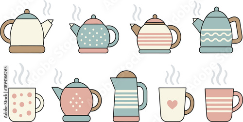 Hand Drawn Cute Teapots and Coffee Mugs Set with Steam in Pastel Colors Isolated on White Background