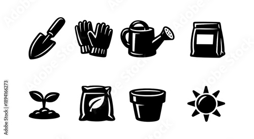 Garden tools and symbols: trowel, gloves, watering can, fertilizer, plant, pot, sun icon set