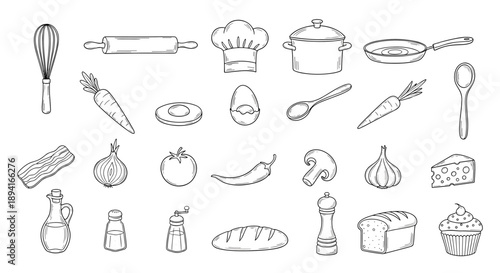 A set of kitchen utensils and food items illustrated in a minimalist line art style