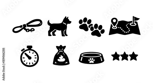 Pet care icons set: leash, dog, paw prints, map, stopwatch, waste bag, bowl, stars