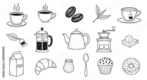 A set of minimalist line art icons depicting various coffee and bakery items