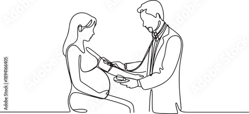 One single line drawing of male obstetrics and gynecology doctor checking the patient blood pressure and fetal condition. Pregnancy health care concept. one line Icon drawing