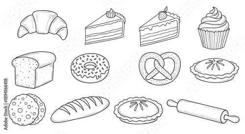 A set of various baked goods and desserts in a simple line art style
