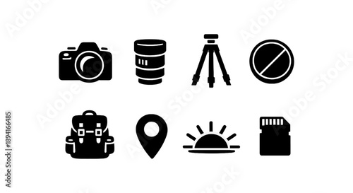 Photography icons: camera, lens, tripod, filter, backpack, pin, sunset, sd card