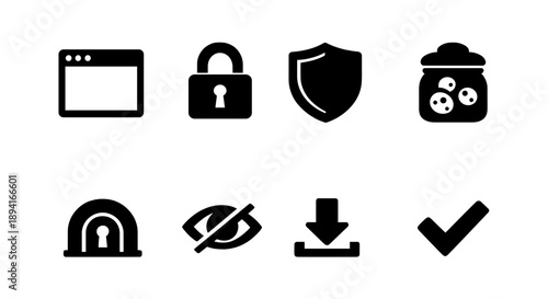 Simple security icons set: lock, shield, privacy, download, checkmark, cookie