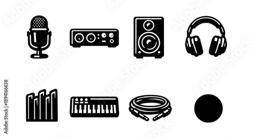 Audio equipment icons: microphone, mixer, speaker, headphones, soundproofing, keyboard, cable