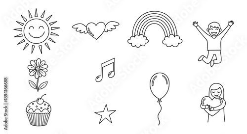 A set of colorful illustrations featuring happy childhood icons and symbols