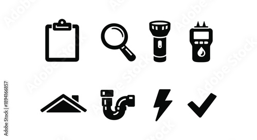 Set of icons: clipboard, magnifying glass, flashlight, voltage tester, roof, pipe, lightning, checkmark symbols
