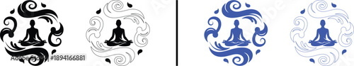 yoga and meditation icons isolated on white background, black and blue vector illustration of person in lotus pose for wellness, zen, and mindfulness concepts.