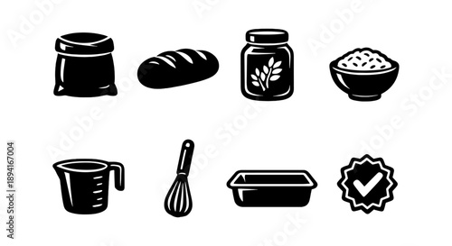 Baking essentials icons: flour, bread, jar, bowl, measuring cup, whisk, tray, checkmark