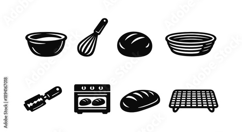 Bread baking icons set: bowl, whisk, dough, proofing basket, lame, oven, bread, cooling rack