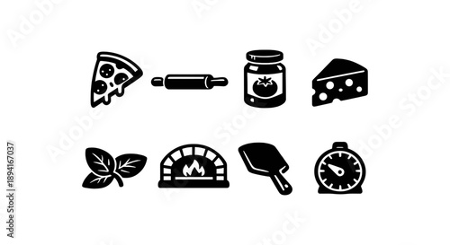 Pizza making icons: ingredients and tools for perfect homemade pizza