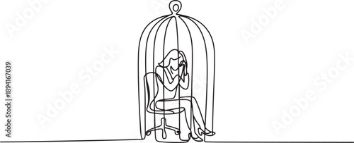 Single one line drawing businesswoman trapped in cage sitting on office chair holding head. Being in routine trap. Tired and irritated with the daily grind. one line Icon drawing