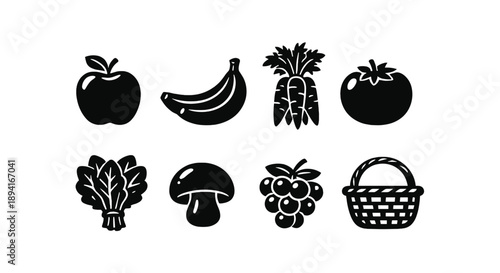 Silhouette icons of fruits and vegetables: apple, banana, carrot, tomato, lettuce, mushroom, grapes, basket