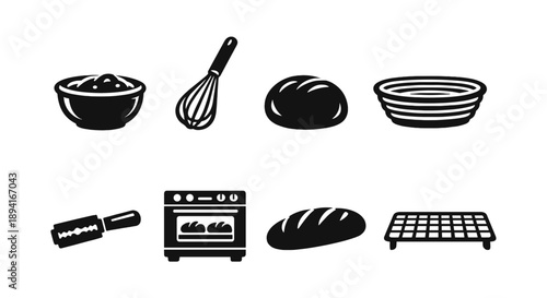 Bread making process: tools and techniques illustrated in icon set