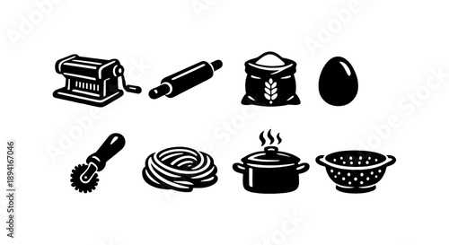 Pasta making icons: machine, rolling pin, flour, egg, cutter, noodles, pot, strainer