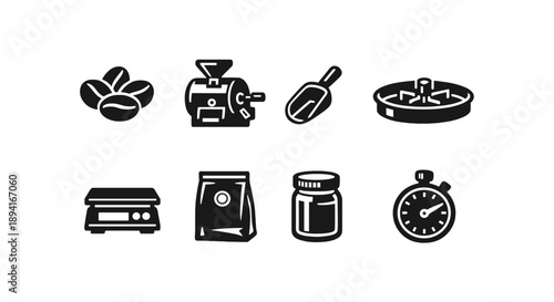 Coffee production icons: beans, grinder, roaster, scale, scoop, timer, bag, jar