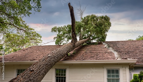 a large tree lies on a house roof displaying significant storm damage after the storm