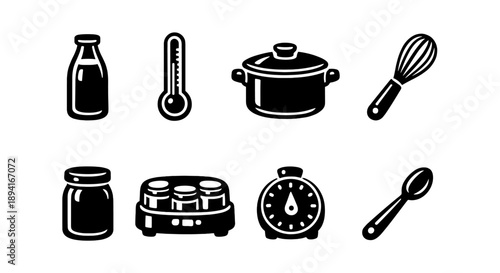Simple icons of dairy processing tools: pot, thermometer, whisk, and more