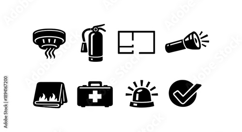 Fire safety symbols: detector, extinguisher, floor plan, flashlight, blanket, first aid, alarm, checkmark
