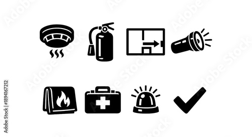 Emergency safety icons: fire alarm, extinguisher, evacuation plan, flashlight, fire blanket, first aid, alarm, checkmark